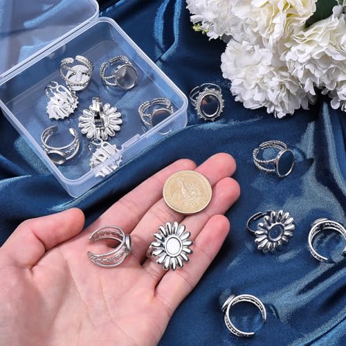 SUNNYCLUE 1 Box 16Pcs Cabochon Ring Blanks Stainless Steel Bezel Ring Blank Silver Antique Sun Flower Adjustable Finger Base Tray Findings Components for Jewelry Making DIY Gifts Accessories Supplies - style: Ring 5