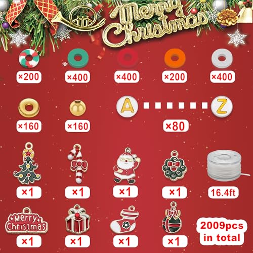 2009pcs Christmas Clay Beads Bracelet Making Kit, Gold Beads Clay Bead Charms for Jewelry Making DIY Bracelet, Necklace, Earring, Arts Crafts DIY Gifts Christmas Gifts - color: 3 Christmas model
