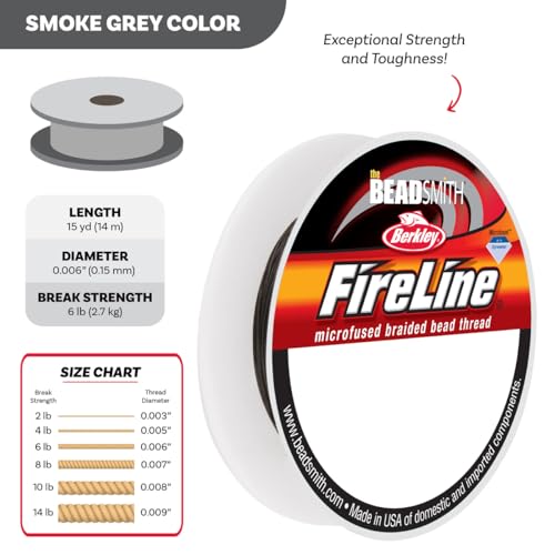 The Beadsmith Fireline by Berkley – Micro-Fused Braided Thread – 6lb. Test, .006”/.15mm Diameter, 15 Yard Spool, Smoke Grey – Super Strong Stringing Material for Jewelry Making and Bead Weaving - color: Smoke Grey, size: 6lb, .006”, 15 Yard