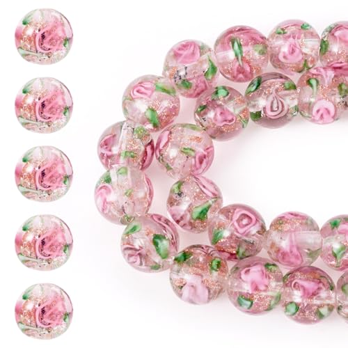 Cheriswelry 40Pcs/Strand 10mm Gold Sand Lampwork Bead Handmade Glass Round Flower Loose Beads for DIY Necklace Bracelet Earring Jewelry Making Party Wedding Decoration (Pearl Pink) - color: Pearl Pink