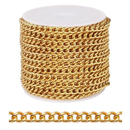 [33 FT] 18K Gold PVD Plated Curb Chains Bulk for Jewelry Making, 5mm 304 Stainless Steel Flat Twisted Links Curb Chains Roll Spool for Jewelry Making DIY Craft - color: Gold Color, size: 5.0mm width