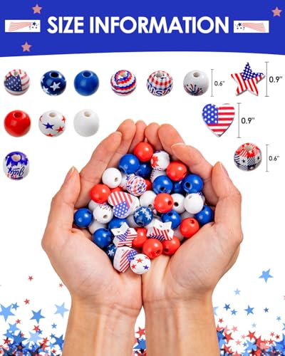 Goldwise 120Pcs 4th of July Wooden Beads Garland, Patriotic Red White Blue Beads for DIY Crafts, Independence Day Wood Beads with American Flag Stars for Bracelets Necklaces Tiered Tray Decor - size: 4th of July Wooden Beads