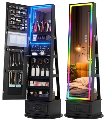 Vlsrka LED Mirror Jewelry Cabinet with Lights, Lockable Full Length Mirror with Storage, Standing Jewelry Armoire Organizer with Touch Screen&RGB Modes for Small Bedroom Spaces, Gift for Women, Black - color: RGB-Black