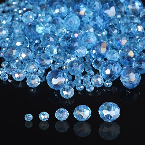 Song Xi 1250PCS 5 Different Lake Blue Crystal Beads for Jewelry Making, Rondelle Glass Beads for Bracelets Necklace, Earring and Making Supplies, Arts and Crafts, AB Color (3/4/6/8/10mm) - color: AB Lake Blue