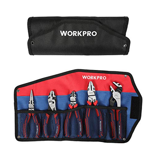 WORKPRO Pliers Set, Premium Cr-V Construction, Includes 6 Inch Slip Joint, Long Nose, Diagonal Cutting, 8 Inch Groove Joint, 7 Inch Linesman and Storage Pouch, for Basic Repair - size: 5-piece