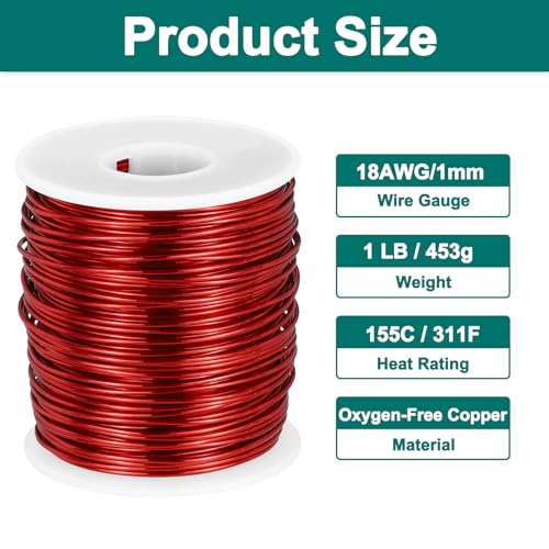 MECCANIXITY 18 AWG Magnet Wire, 18 Gauge Enameled Copper Wire, 1 Lb Magnetic Coil Wire for Transformer, Motor, Electric, 155C(311F) - size: 18 AWG