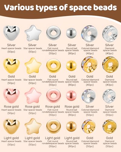 Goldwise Spacer Beads for Jewelry Making, 1280pcs Assorted Round Star Rondelle Heart Gold and Silver Beads for Bracelet Jewelry Making & DIY Crafts - size: Spacer Beads