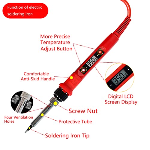 Electronics Soldering Iron Kit, 80W LCD Digital Soldering Gun with Adjustable Temperature Controlled and Fast Heating Ceramic Thermostatic Design, 24pcs Solder Kit Welding Tool - color: Red