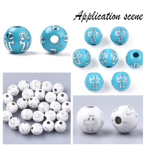 500Pcs Cross Round Beads Crucifix Bead Acrylic Silver Easter Cross Pattern White Blue Ball Shaped Loose Spacers for Bracelets Earrings Necklaces Jewelry Making DIY Crafting Holy Accessories - color: White, Blue