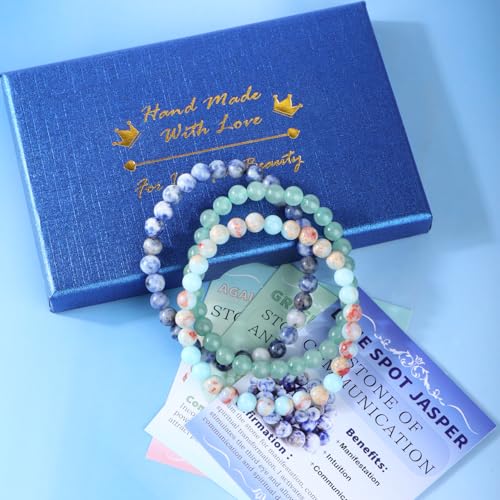 2/3-Pieces 4mm 6mm 8mm Natural Crystal Gemstone – Handmade Reiki Energy Healing Stretch Bracelets Jewelry for Yoga, Meditation, Unisex - color: 3 Pieces (AgalmatoliteJasper&BlueSpot&GreenAventurine), size: 6mm