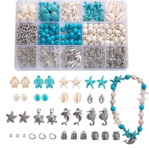 325Pcs Turquoise Sea Turtle Beads Blue and White Starfish Beads Tortoise Turtle Charms Summer Ocean Animal Spacer Bead Shell Bead for Jewelry Making DIY Bracelet Necklace Supplies(Box) - color: Blue and Silver