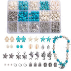 325Pcs Turquoise Sea Turtle Beads Blue and White Starfish Beads Tortoise Turtle Charms Summer Ocean Animal Spacer Bead Shell Bead for Jewelry Making DIY Bracelet Necklace Supplies(Box) - color: Blue and Silver