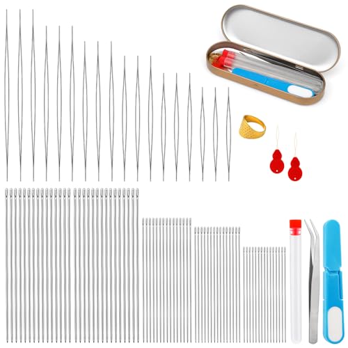100 Pcs Beading Needles Set,75 Pcs Long Straight Beading Thread Needles 18 Pcs Big Eye Beading Needles with Threader, Needle Bottle, Yarn Scissors,Tweezers for Bracelets and Jewelry Making - style: 100 Pcs