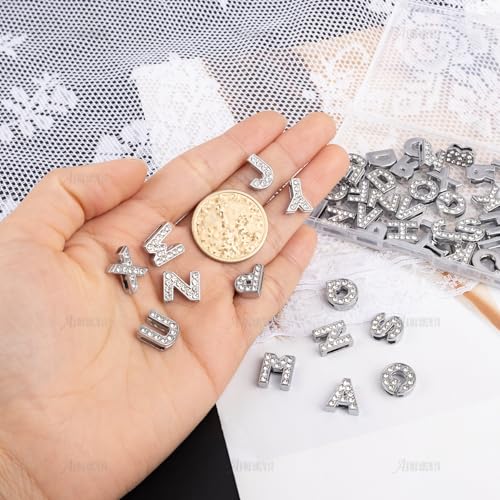 AUEAR, 104 Pack Silver A-Z 8mm Full Rhinestone Slide Crystal Alphabet Letter Charm Alloy for Bracelets Necklace Wristbands DIY Jewelry Making - color: Silver, size: 104 Pack