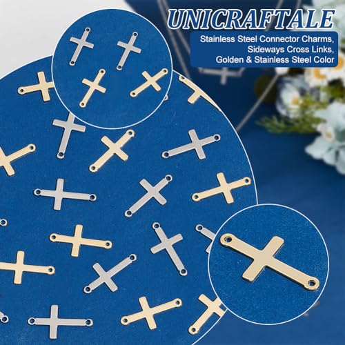 UNICRAFTALE about 60Pcs 2 Colors Stainless Steel Cross Connector Charms Links Easter Theme Crucifix Cross Charms Double Hole Sideways Cross Links Pendants for Bracelet Necklace Jewelry Making 23mm