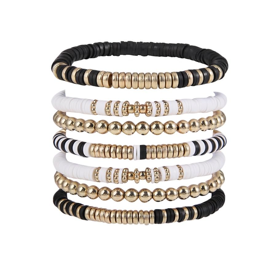 Pingyongchang Heishi Gold Beaded Bracelets Set for Women Men Bohemian Polymer Clay Colorful Surfer Vinyl Disc Stretch Layering Stackable Friendship Boho Bracelet Summer Beach Jewelry Gifts - color: Black