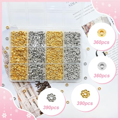 Looconi 1500pcs 6mm Silver and Gold Flat Round Spacer Beads for Jewelry Making DIY Bracelet Necklace Earring Craft Supplies - color: Ring&Flower