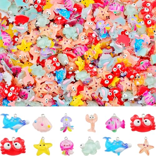 Keychain Charms Bulk 30pcs mixed Cute 3D Charms for Keychain Making for Bracelet Earring Jewelry Making DIY Crafts Includes Animal Food Fruit Flower Designs - color: Ocean Mix
