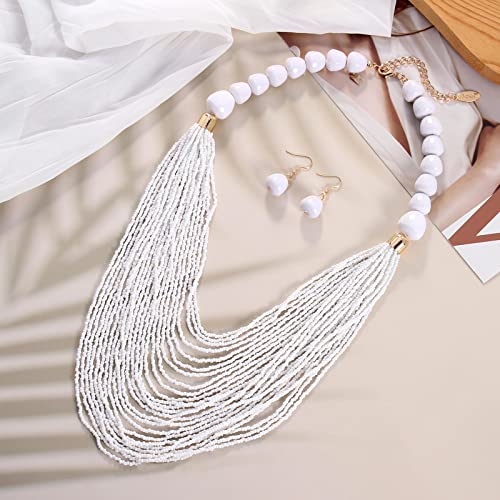 Bocar Necklace for Women, Multi Layer Statement Necklace, Long Chain Chunky Bib Seed Beads Necklace, Necklace Earring Set for Women Gift (NK-10693) - color: White