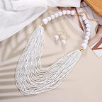 Bocar Necklace for Women, Multi Layer Statement Necklace, Long Chain Chunky Bib Seed Beads Necklace, Necklace Earring Set for Women Gift (NK-10693) - color: White