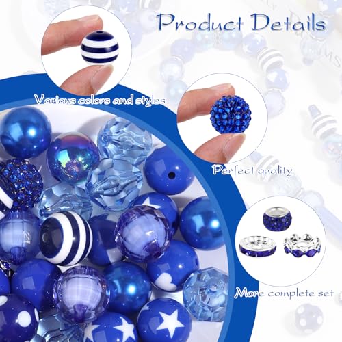 35 Pcs Chunky Bubblegum Beads 20mm Focal Pen Large Rhinestone Pearl Bead with Rhinestone Large Hole European Spacer Bead for DIY Beadable Pen Jewelry Making Keychain Craft Making(Deep Blue) - color: Deep Blue