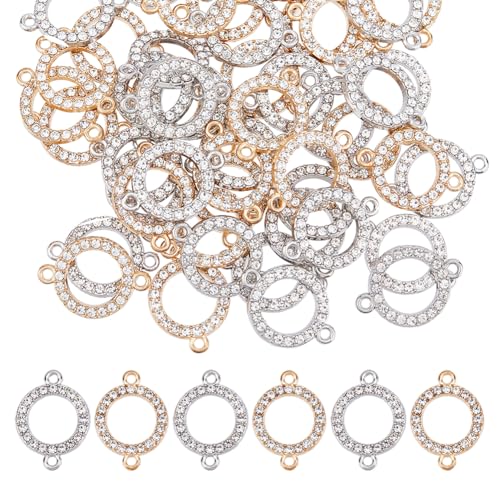 60pcs 14k Gold Connectors Charm Alloy Connector Charm 0.9 Inch Flat Round Link Charm Crystal Rhinestone Connector with Double Loops for Bracelet Earring Jewellery Making