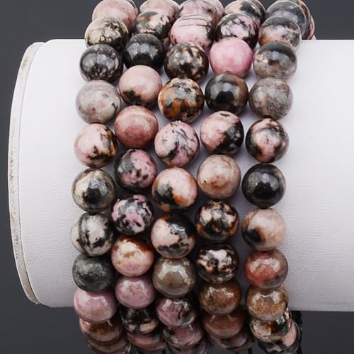 MASSIVE BEADS Natural Healing Power Gemstone Crystal Beads Unisex Adjustable Macrame Bracelets - color: Pink Black Rhondonite, size: 6mm