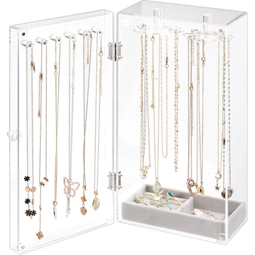 Lolalet Necklace Holder Organizer, Acrylic Jewelry Organizer with 24 Hooks, Rotating Clear Necklaces Display Box, Dust-proof Jewelry Storage Case with Velvet Tray -Clear - color: 2 -Clear