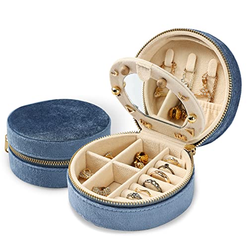 Dajasan Velvet Mini Travel Jewelry Case, Small Portable Organizer Box with Mirror for Women Girls (Blue) - color: Blue 1, size: Round Mirror