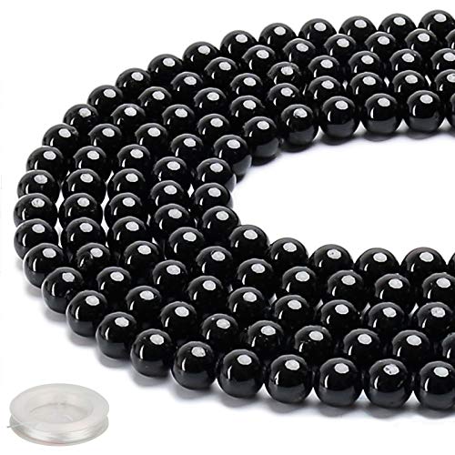 70PCS Natural 8MM Healing Gemstone, Black Tourmaline Energy Stone Round Loose Beads, Semi-Precious Crystal Beads with Free Elastic String for Jewelry Making DIY - color: Black Tourmaline