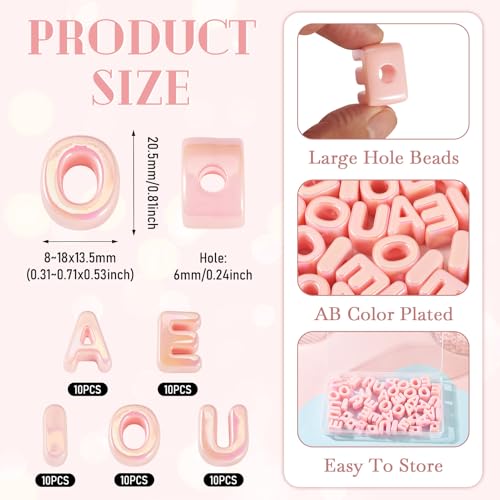 FASHEWELRY 50Pcs 20mm Big Vowel Letter Beads Light Pink Large Hole Acrylic Alphabet Beads for Bracelets Making, UV Plating Iridescent 3D Slider Initials Bead for Keychains Making - color: Light Pink