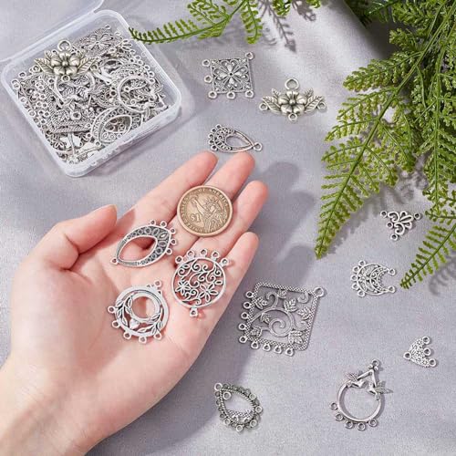 SUNNYCLUE 1Box 48Pcs 12 Style Tibetan Flower Alloy Chandelier Connector Charms Findings Teardrop Hat Oval Components Links for Earring Drop and Charm Pendant, Antique Bronze - color: 48pcs 12 Style Silver Color