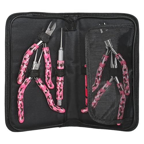 The Beadsmith Pink Camouflage Set – 6 Piece Kit: Pistol Grip Chain Nose, Round Nose, Flat Nose, Side Cutter Pliers w/Tweezers, Reamer and Zippered Pouch – 6 Inch Jewelry Making Tools