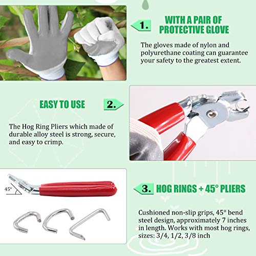Keadic 362Pcs Angled Hog Ring Pliers with Galvanized Hog Rings, Gloves, 3/4", 1/2", and 3/8" Hog Rings, Professional Upholstery Hog Rings Kit for Plastic Meat & Sausage Casings - color: 362pcs Hog Ring Pliers & Hog Rings - Bending