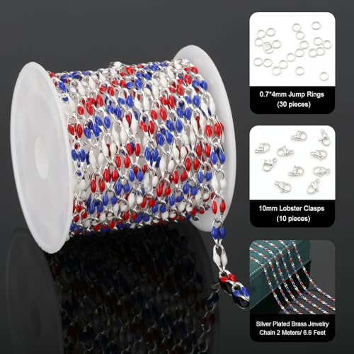 YOUBEIYEE 2 Meters Silver Plated Chain for Jewelry Making USA Flag Enamel Chain Roll Brass Chains Bulk with Jump Rings and Lobster Clasps - color: USA Flag Color