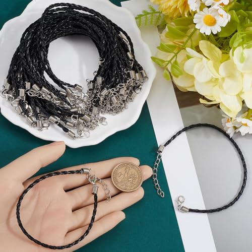 40Pcs Bracelet Cords with Clasp Bracelet Cord Bulk Black 3mm Braided Imitation Leather Lace Plaited Trendy Iron Clasp Extended Chains Ropes Accessory for Jewelry Making Bracelets DIY Crafts