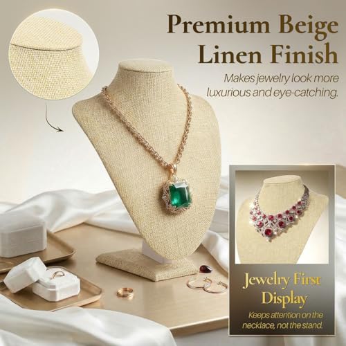 Flexzion Necklace Bust Display Stand - 11 Inch 3D Mannequin Beige Linen Necklace Display Holder for Home, Boutique & Trade Shows - Jewelry Display for Selling Necklace, Pendants, Chokers, Lockets - size: Standard (1 Pack)
