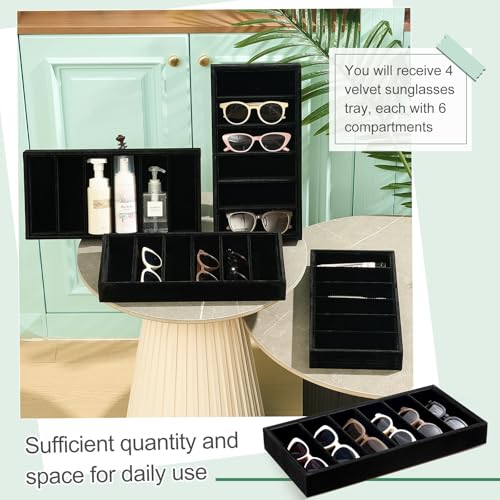Juexica 4 Pcs Velvet Sunglasses Organizer Tray 6 Grid Sunglass Organizer Velvet Tray Stackable Glasses Display Case for Women Glasses Jewelry Display Watch (Black) - color: Black