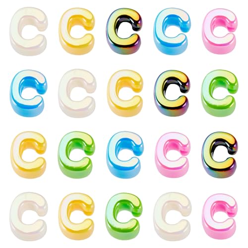 Beadthoven 20pcs Big Letter C Beads Large Hole Bubble Alphabet Acrylic Beads Charm Iridescent Plastic C Shape Loose Chunky Spacers for Jewelry Making Bracelet Necklace Keychains Shoelaces Crafts - color: C