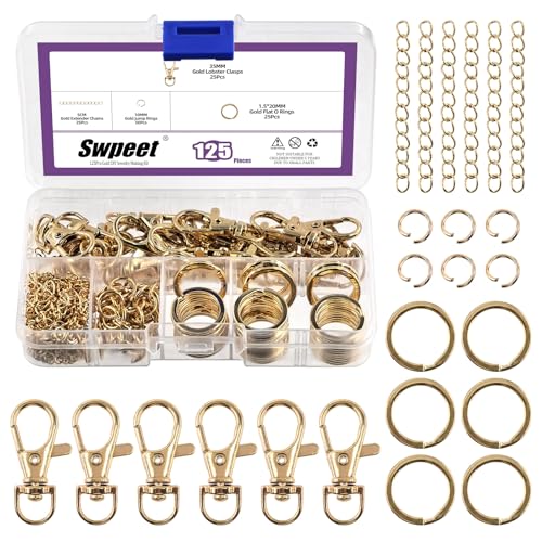 Swpeet 125Pcs Golden Keychain Making Set, 25Pcs Swivel Lanyard Snap Hook, 25P Keychain Ring, 25P Extender Chains, 50P Open Jump Rings, Swivel Lobster Clasps, Keychains Clips - color: Golden