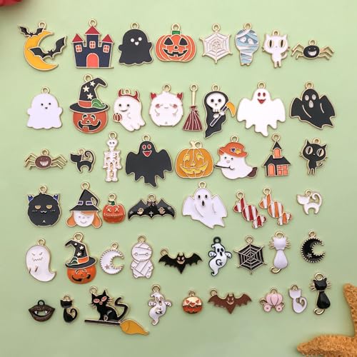 50pcs Alloy Enamel Halloween Series Pumpkin Lantern Ghost Black Cat Bat Moon Pendant Jewelry Making DIY Keychain Earrings Pendant Various Design Charms for Jewelry Making Bracelets Necklace (HK728) - color: HK728