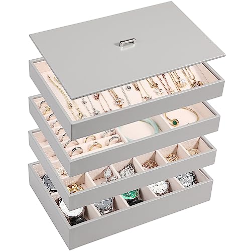 Voova Stackable Jewelry Organizer Tray with Lid, PU Leather Jewelry Storage Holder for Drawer Inserts, Jewellery Display Box Case for Earring Necklace Ring Watch Bracelet (Set of 4, Grey) - color: Grey