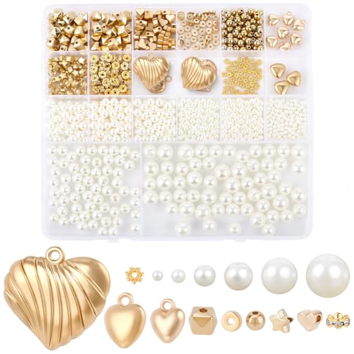 1 Box 1306PCS Imitation Pearl Beads Kit with Round CCB Plastic Heart Star Flower Brass Rhinstone Pendants Loose Spacer Bead Set for Jewelry Making Necklaces Adult DIY Crafts Supplies - color: Gold