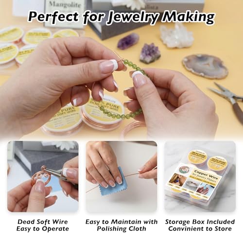 6-in-1 Jewelry Making Copper Wire Kit – Smart Value Pack with Polishing Cloth & COA – 99.9% Pure Bare Dead Soft & Skin Safe Copper Wire for Wrapping, Beading & Electroculture (18-28 Ga) - size: 18-28GA Small, style: Value Pack