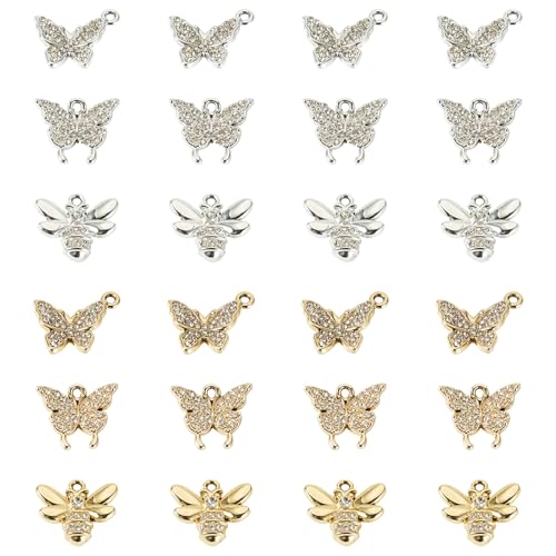Craftdady Crystal Rhinestone Pendants Butterfly Heart Rhombus Bowknot Earring Charms Alloy Enamel Metal Pendants Light Gold Bracelet Charms for DIY Craft Necklace Jewelry Making - color: Platinum & Golden 6 Styles Butterfly Inset