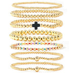 14K Gold Beaded Cross Beaded Bracelet Stack Set for Women,7PCS Bohemian Colorful Beads Ball Stretch Stackable Bracelets Trendy Holiday Birthday Gift - color: Black