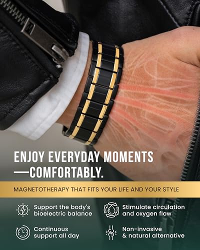 MagnetRX® 3X Strength Titanium Magnetic Bracelet – Magnetic Bracelets for Men – Premium Fold-Over Clasp and Adjustable Length with Sizing Tool (Black/Gold) - color: Black/Gold (3X Strength)
