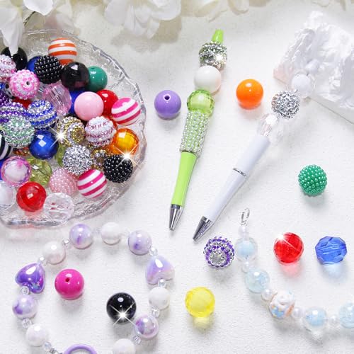 Exway 100 Pcs 20mm Beads for Pens Rhinestone Bubblegum Beads Mixed Crystal Acrylic Round Chunky Bead Sparkly Craft Large Balls Bead for Pen Beadable Keychain Bracelet DIY Jewelry Making Supplies - color: Colourful
