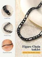 U7 Women Girls Barefoot Jewelry 18K Gold or Rose Gold Stainless Steel Heart/Rope/Figaro/Cuban Chain Anklet Foot Bracelet, 25-30 CM Long - color: Black-5mm-Figaro Chain