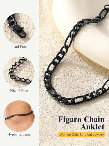 U7 Women Girls Barefoot Jewelry 18K Gold or Rose Gold Stainless Steel Heart/Rope/Figaro/Cuban Chain Anklet Foot Bracelet, 25-30 CM Long - color: Black-5mm-Figaro Chain
